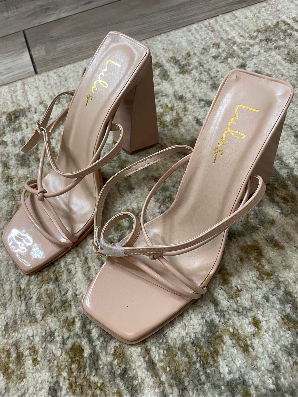 Lulu's Blush Patent Square-Toe Block Heel Sandals
